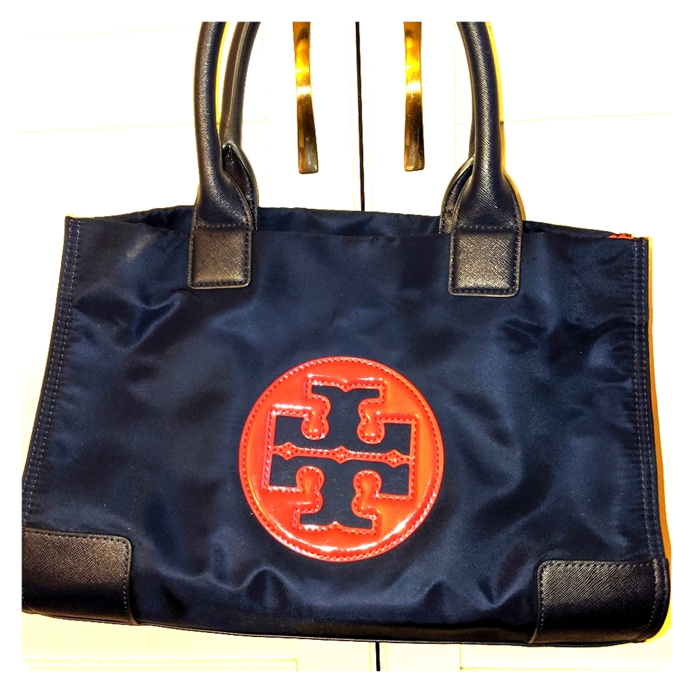 Navy and red tory burch nylon bag